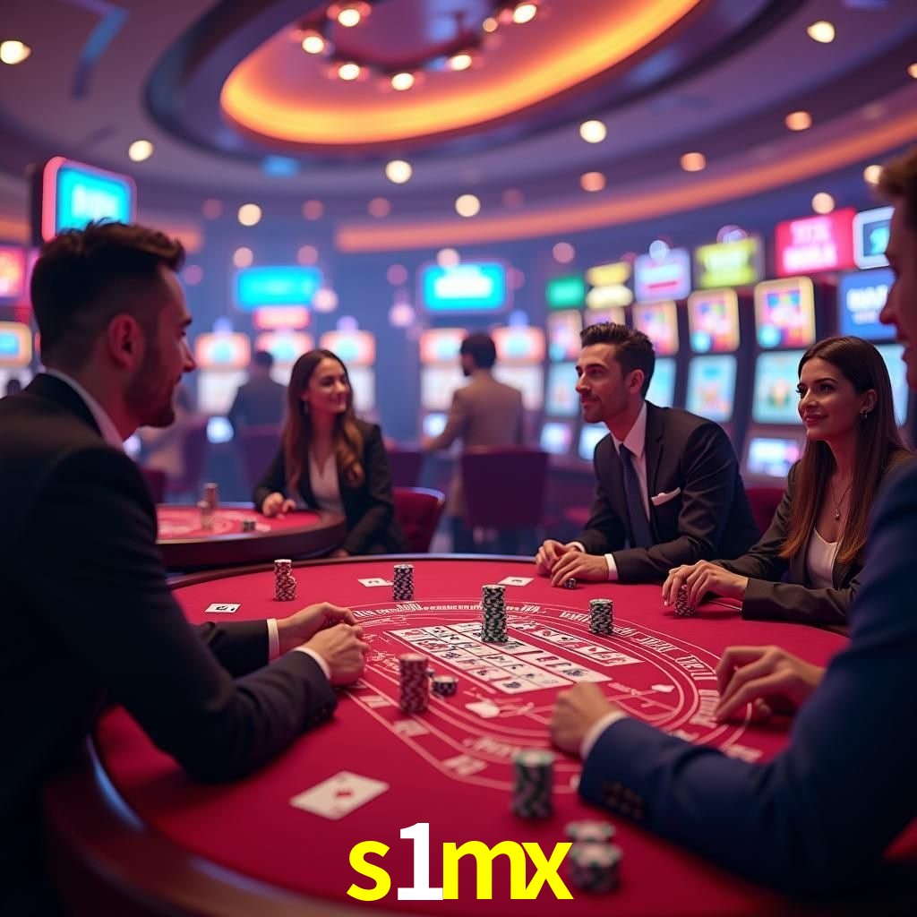 Escena dinámica inspirada en casino con iluminación s1mx, cartas, fichas e íconos de juegos digitales en un espacio moderno de juegos.