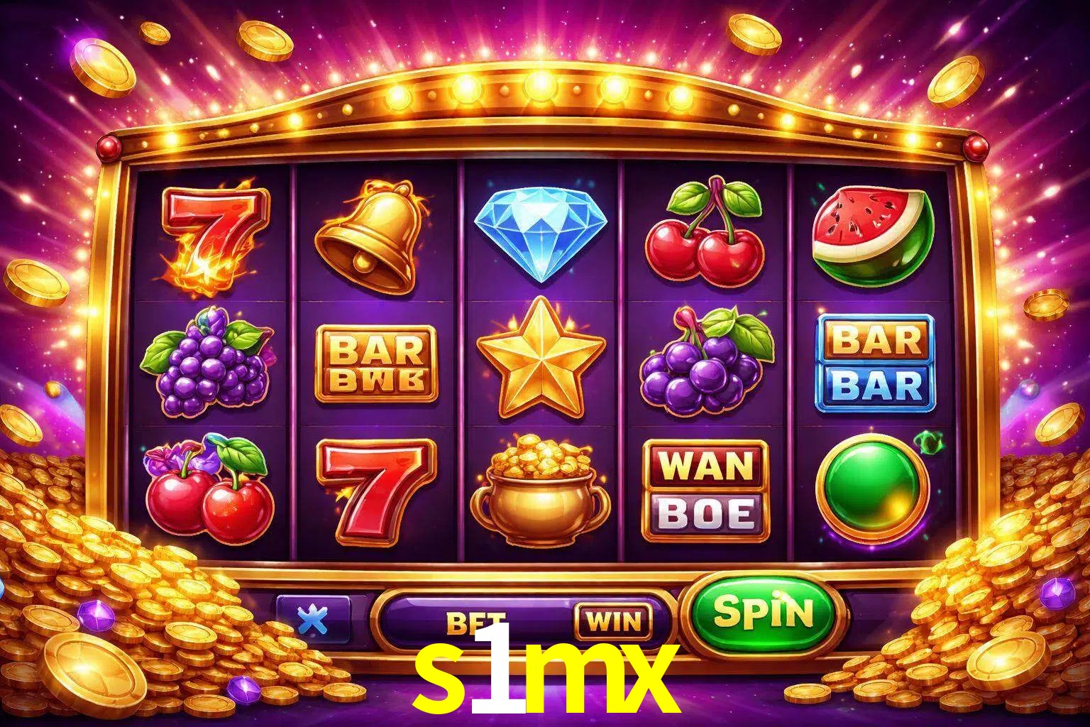 Una interfaz colorida de tragamonedas en línea con símbolos brillantes, monedas y un efecto de victoria celebratoria en s1mx.