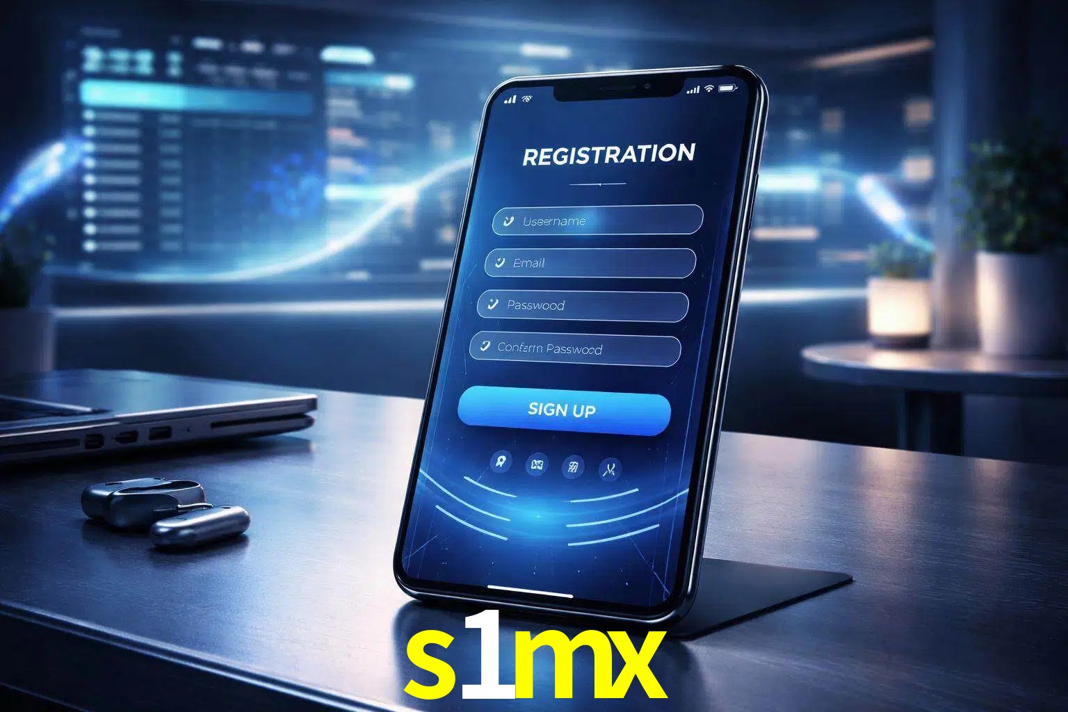 Una interfaz moderna de registro móvil para s1mx mostrada en un smartphone con un panel de apuestas elegante.